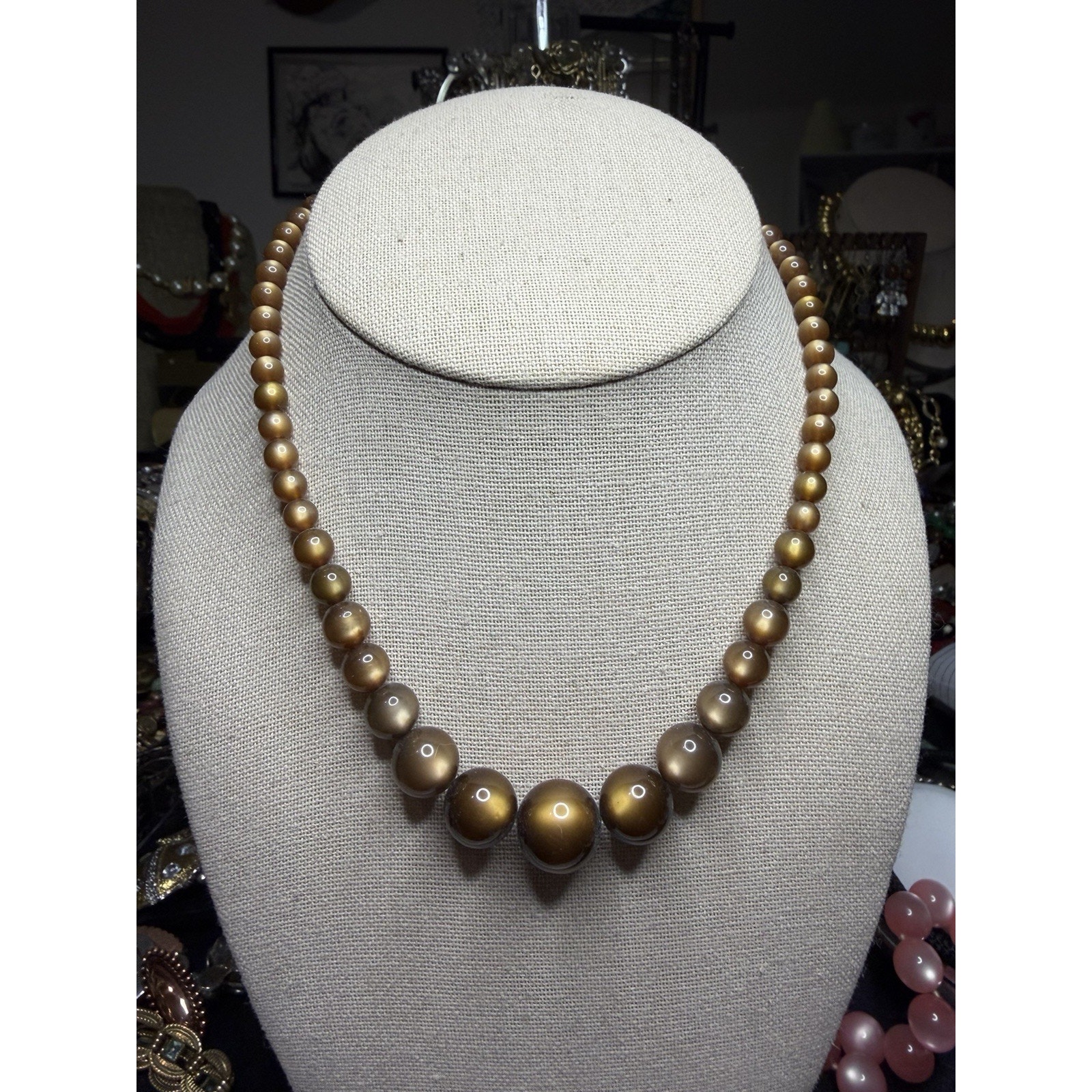 Brown Lucite Moonglow Bead Necklace Hidden Clasp 16 In